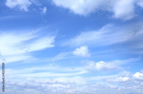 Blue, clear sky on which rare clouds float