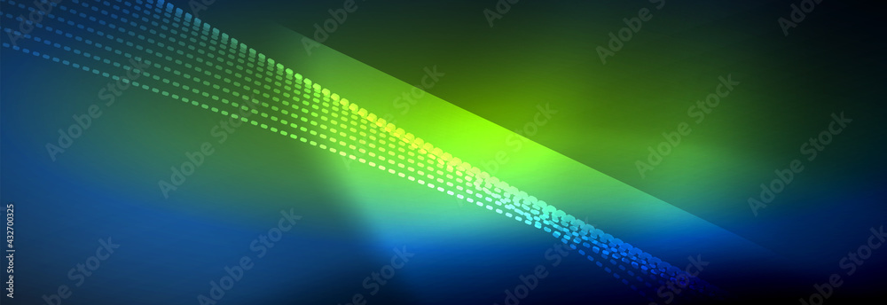 Neon shiny color background with light glowing wave line particles. Wallpaper background, design templates for business or technology presentations, internet posters or web brochure covers Neon shiny color background with light glowing wave line particles. Wallpaper background, design templates for business or technology presentations, internet posters or web brochure covers