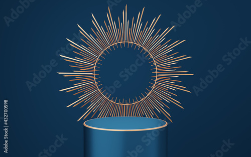 Empty blue cylinder podium with gold border and spiked halo circle on blue background. Abstract minimal studio 3d geometric shape object. Pedestal mockup space for luxury display. 3d rendering.