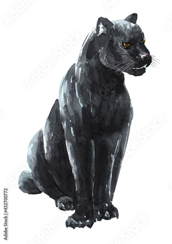 Black panther or jaguar. Watercolor hand drawn illustration  isolated on white background