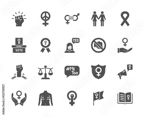 Feminism Icons Set. Empowerment Girl, Gender Equality, Rights of Women, Girl Power, Sex Discrimination, Me Too, Protest Silhouette Icons. Feminism and Girl Power concept. Vector illustration