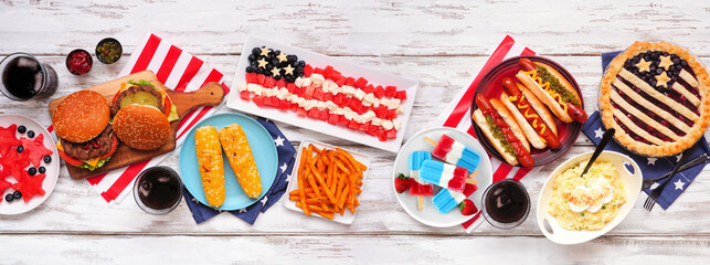 Fourth of July, patriotic, American themed food. Top view table scene on a white wood banner background.