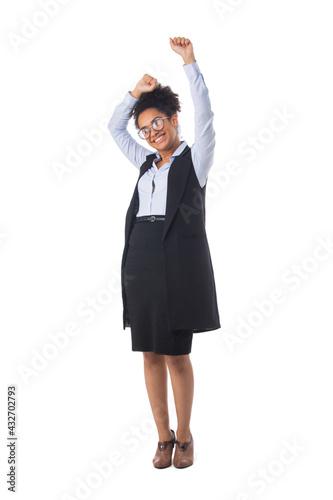 Business woman with arms raised