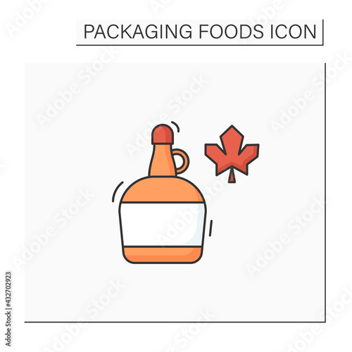 Maple syrup color icon. Syrup in glass or plastic bottle. Protection, tampering resistance from bacteria. Packing food concept. Isolated vector illustration