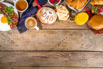 Fathers day Brunch restaurant invitation concept. Various Daddy Man Day Menu background, with traditional breakfast and lunch food set, with tie on sunny wooden background