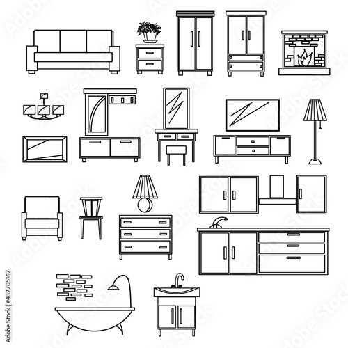 Kitchen, hallway, living room, bedroom. Sofa, armchair, wardrobe, chest of drawers, TV, mirror, floor lamp, chandelier. Part of a set of furniture and interior accessories. Isolated vector objects.