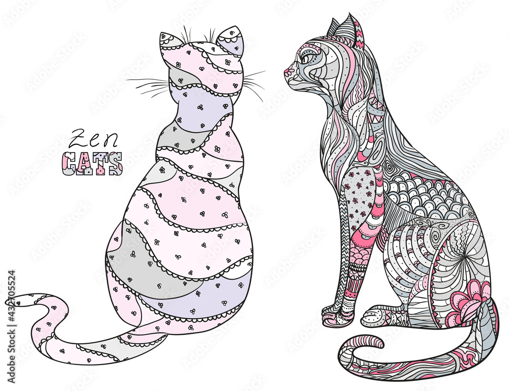 Zen cats. Design Zentangle. Hand drawn cat with abstract patterns on isolation background. Design for spiritual relaxation for adults. Zen art Zen cats. Design Zentangle. Hand drawn cat with abstract patterns on isolation background. Design for spiritual relaxation for adults. Zen art