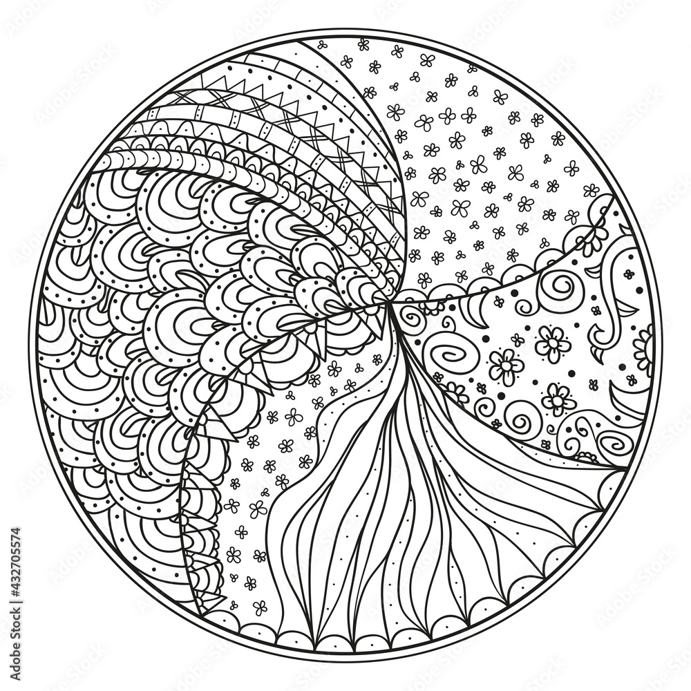 Zendala. Zentangle. Hand drawn circle mandala with abstract patterns on