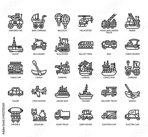 Set of Vehicle side view2 thin line and pixel perfect icons for any web and app project.