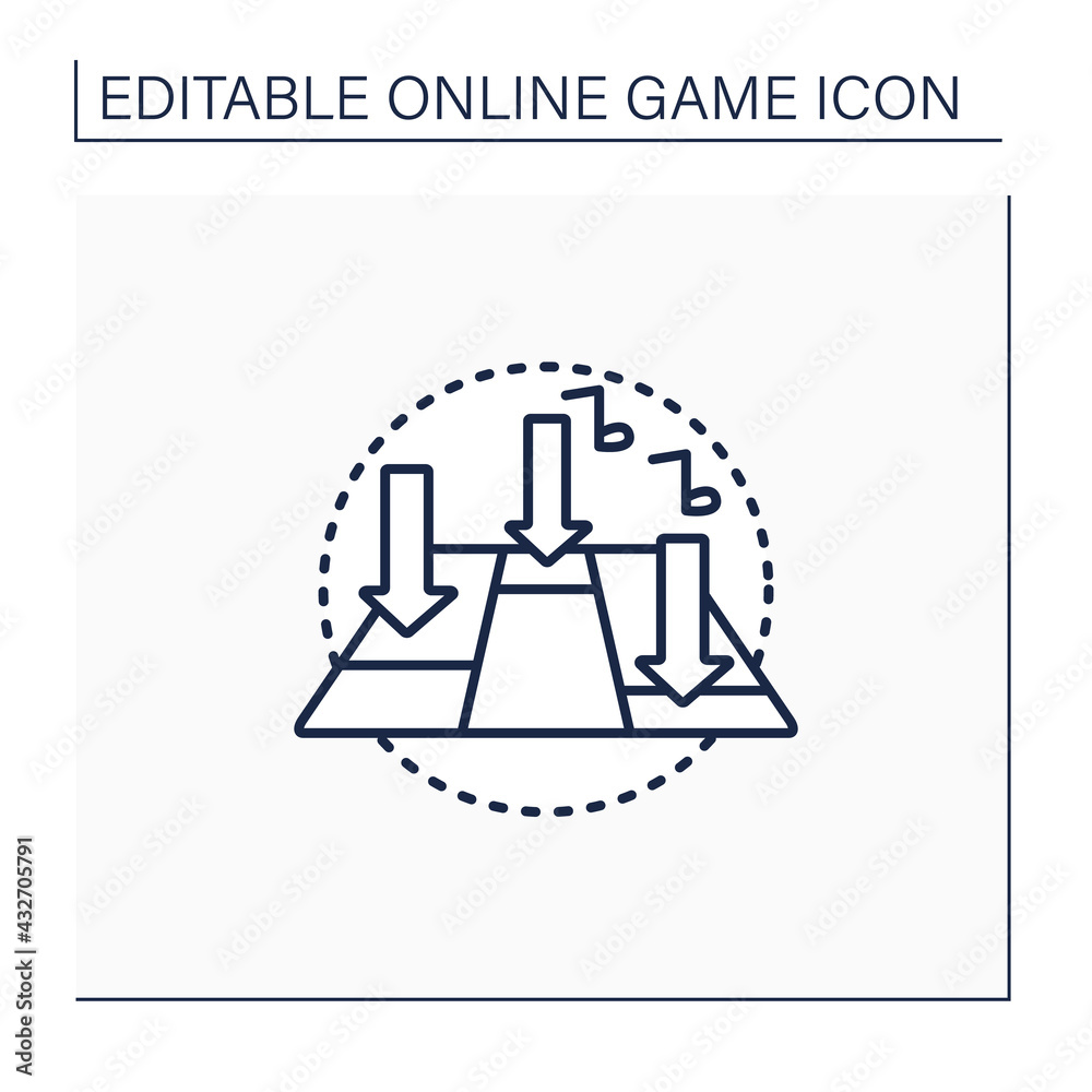 Rhythm game line icon. Action video game. Focus on dance and music. Press buttons, look on screen. Online game concept. Isolated vector illustration.Editable stroke