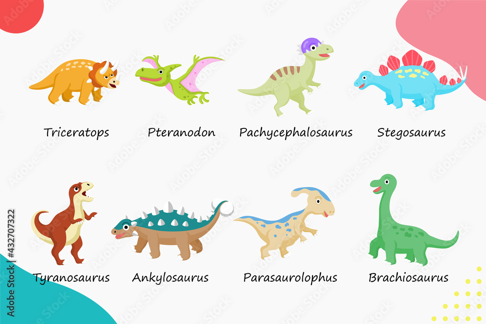 Set of cute 8 dinosaurs for children and kids. Flat design cartoon vector illustration style. Set of cute 8 dinosaurs for children and kids. Flat design cartoon vector illustration style.