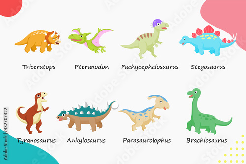 Set of cute 8 dinosaurs for children and kids. Flat design cartoon vector illustration style.