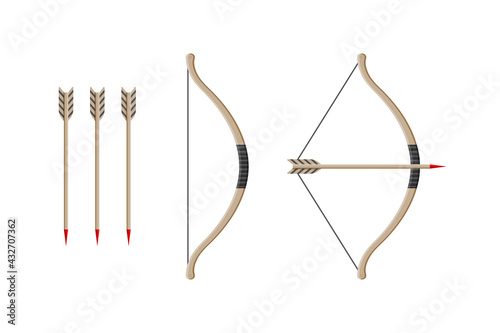 Bow with arrow. Weapon of archery. Wooden longbow with arrows for indian archer. Cartoon bow for medieval hunter. Icon or logo for ancient hunt isolated on white background. Shoot in bullseye. Vector