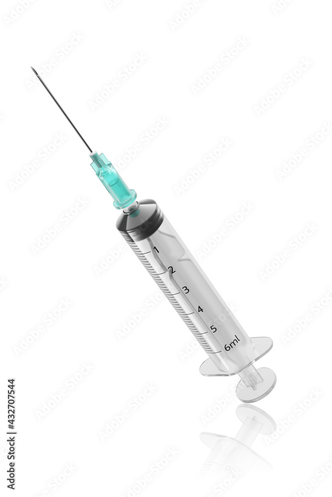 Medical syringe isolated in white background. 3D rendering rendering. Medical syringe isolated in white background. 3D rendering rendering.