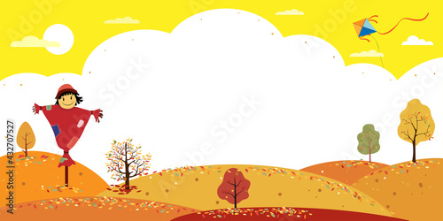 Autumn landscape forest trees and cute cartoon smiling scarecrow standing on hills Vector Mid autumn field with leaves falling on ground in orange foliage. Backdrop wonderland banner in fall season