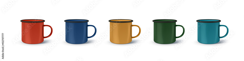 Enamel 3d photo realistic metal white and black mugs isolated on white background. Vector illustration. Enamel 3d photo realistic metal white and black mugs isolated on white background. Vector illustration.