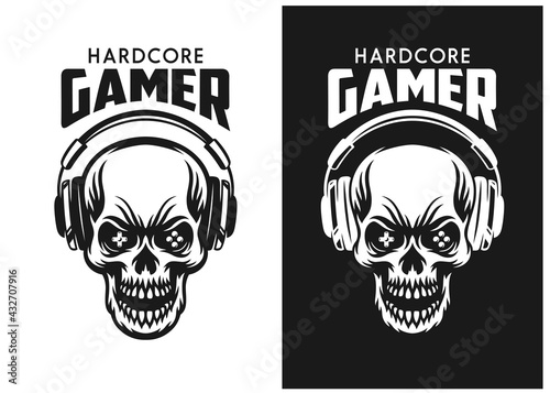 Video games related t-shirt design. Hardcore gamer quote text phrase quotation. Agressive skull in headphones. Vector vintage illustration.
