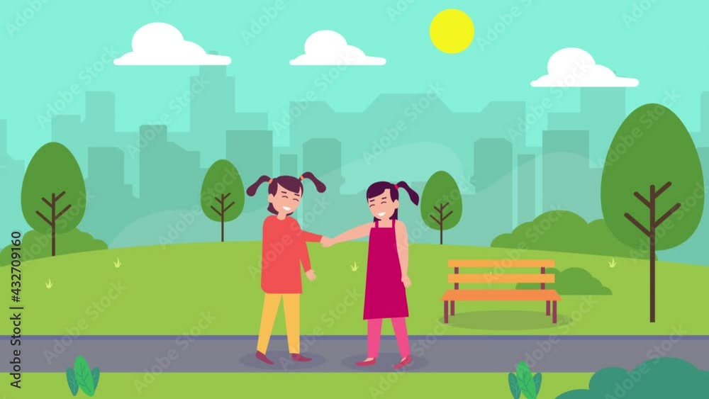 Two little girls handshaking each other in the park Two little girls handshaking each other in the park
