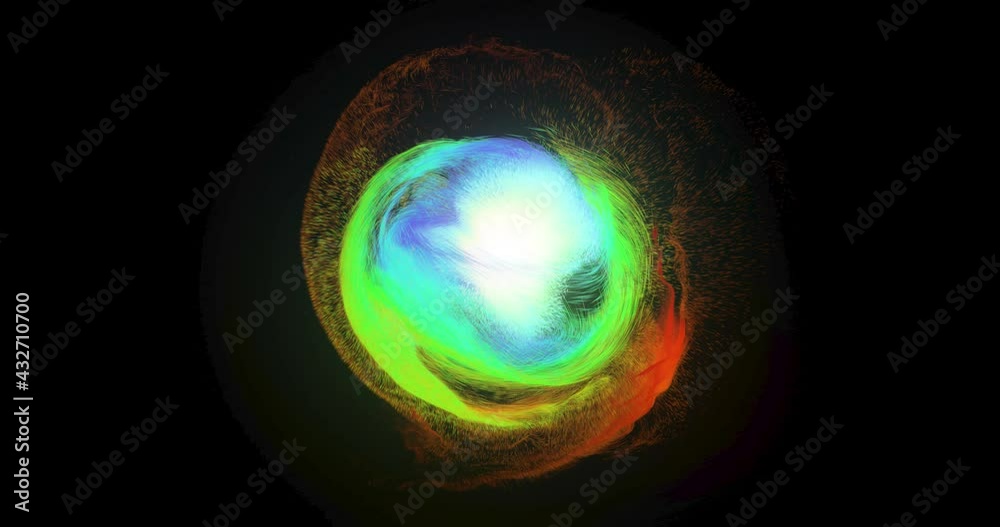 Colorful abstract swirling particles around a sphere. Glowing colorful particle flow. Fast energy spinning wave. seamless loop