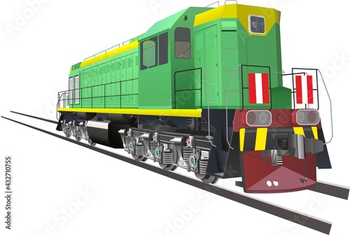 A locomotive standing on a railway track. On a white background. Vector image.