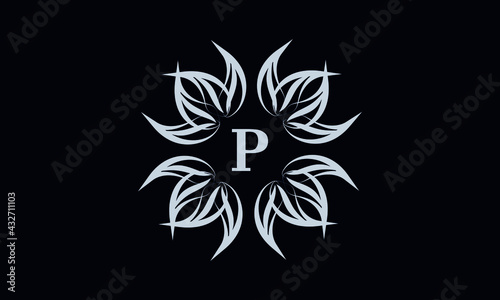 Vintage exquisite floral monogram with the letter P as a sign of business, boutique, shop, cafe, hotel, etc. Gray sign on a dark background