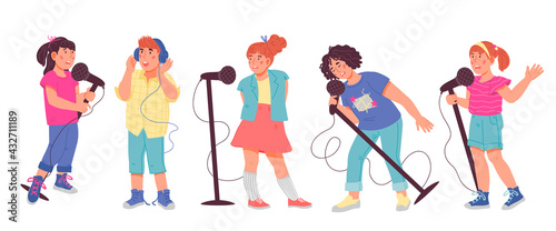 Children singing with microphones, standing in a row, flat vector illustration isolated on white background. Kids perform at a concert. Cartoon characters of singing kids.