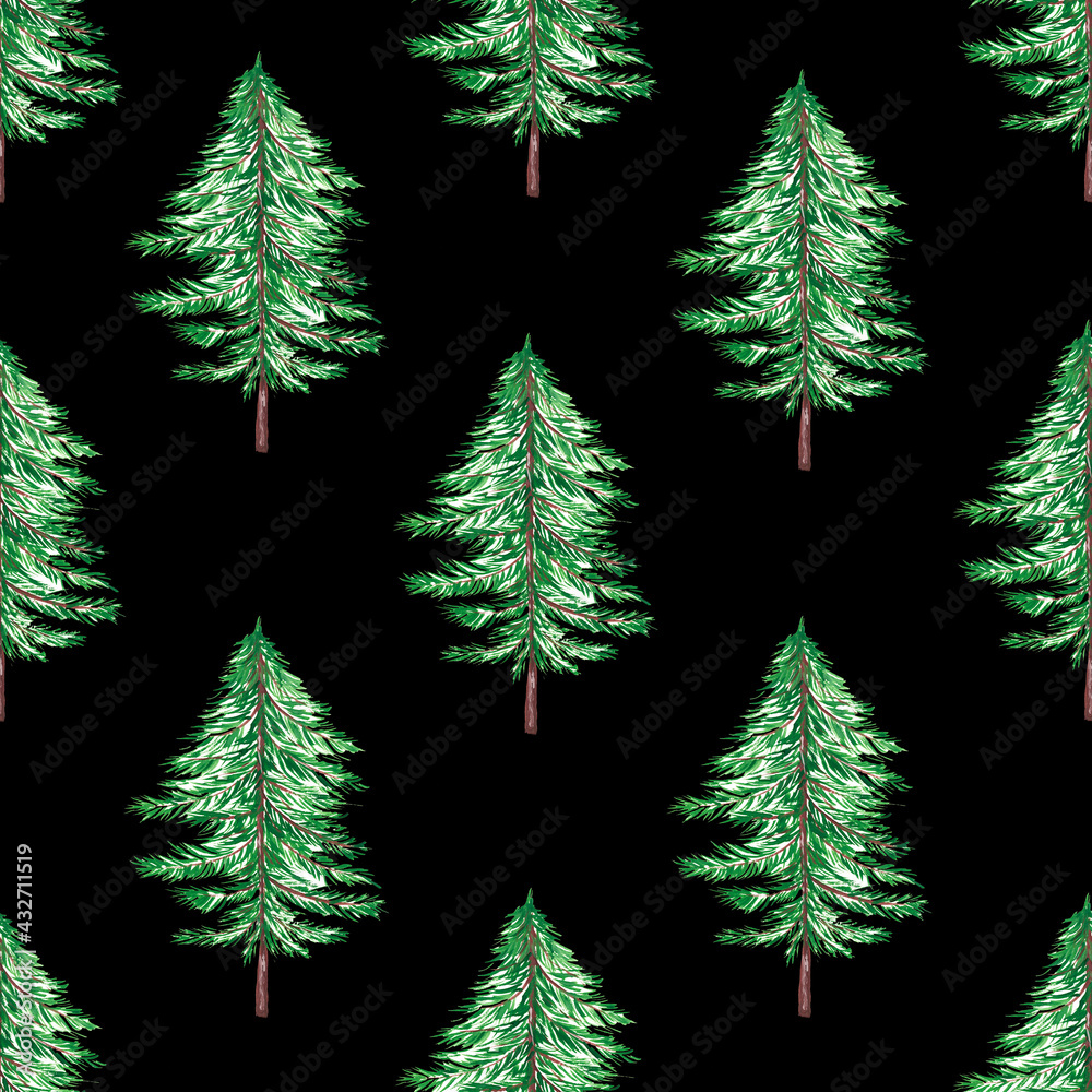 Green fluffy Christmas trees on a black background. Seamless background with trees. Watercolor illustration with elements of nature. Ecology, gardening. For the design wrapping, printing on fabric.