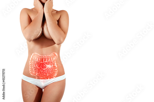 Billede på lærred The body of a young beautiful girl with problems in the intestines, pain in the abdomen, constipation, indigestion, gastritis, ulcer