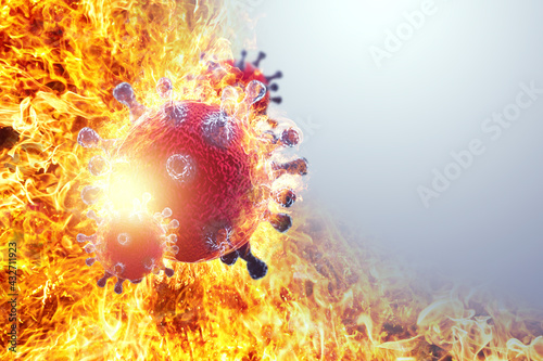 Image of Coronavirus  COVID-19 cells amid a fiery wave. Pandemic  lockdown  3d wave  epidemic concept. Copy space.. 3d render  3D illustration