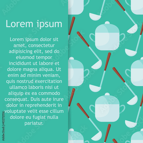 Illustration pattern with kitchen utensils on it saucepans and ladles on background.