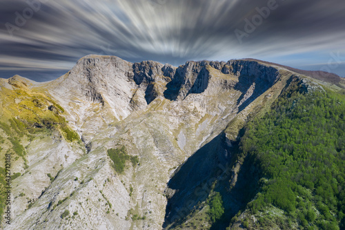 aerial view of one of the mountains of the Tuscan Apuan Alps in long exposure