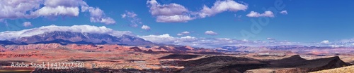 Shinob Kibe hiking trail views, mesa overlooking Washington City by St George in southwest Utah. Sacred peaks of the southern Paiute tribe. Western United States.