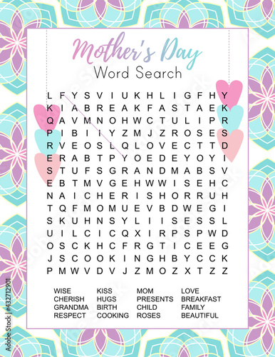 Beautiful Mother's Day word search puzzle.  Educational game.  Spring crossword suitable for social media post. Party card. Printable colorful worksheet for learning English words. Vector illustration