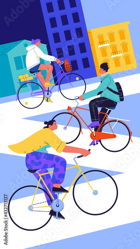 Three persons riding city bicycles on the town bike lane. City buildings on the background