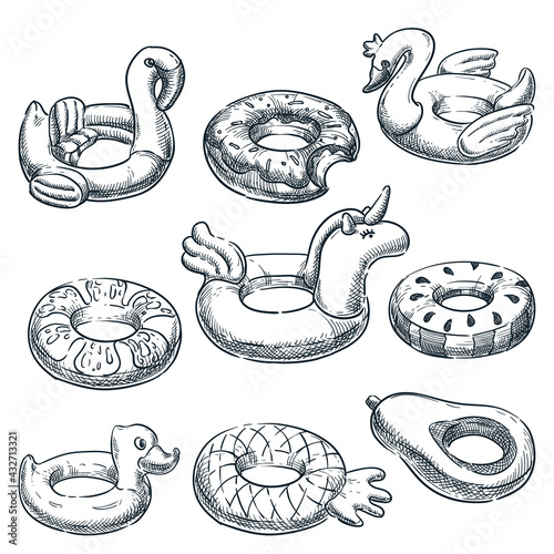 Pool inflatable rings. Kids floating toys unicorn, flamingo, duck, watermelon, donut. Vector sketch illustration