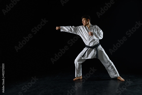 Male karate fighter in white kimono, combat stance