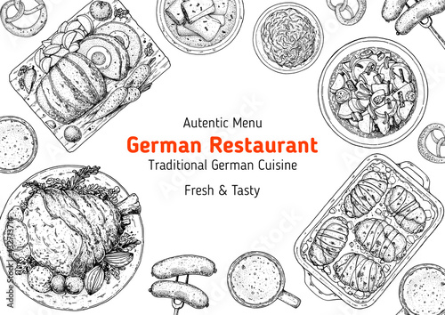 German food menu sketches. Design template. Hand drawn vector illustration. German cuisine. Black and white. Engraved style. Hand drawn food sketch illustration.