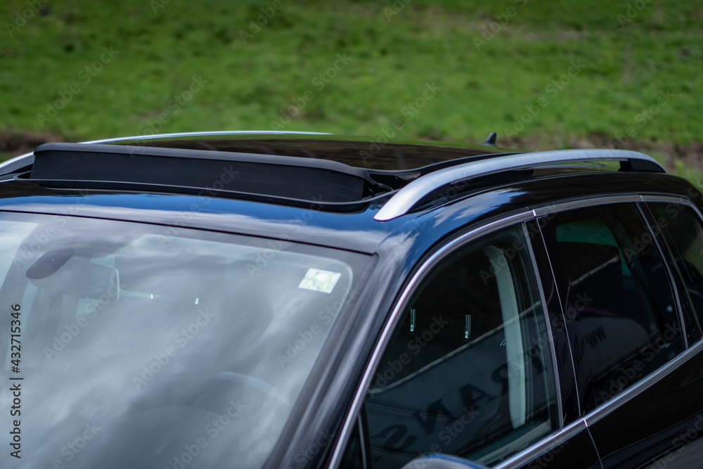 Panoramic view inside car double sunroof hatch with tinted glass