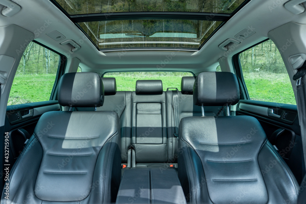 Panoramic view inside car double sunroof hatch with tinted glass