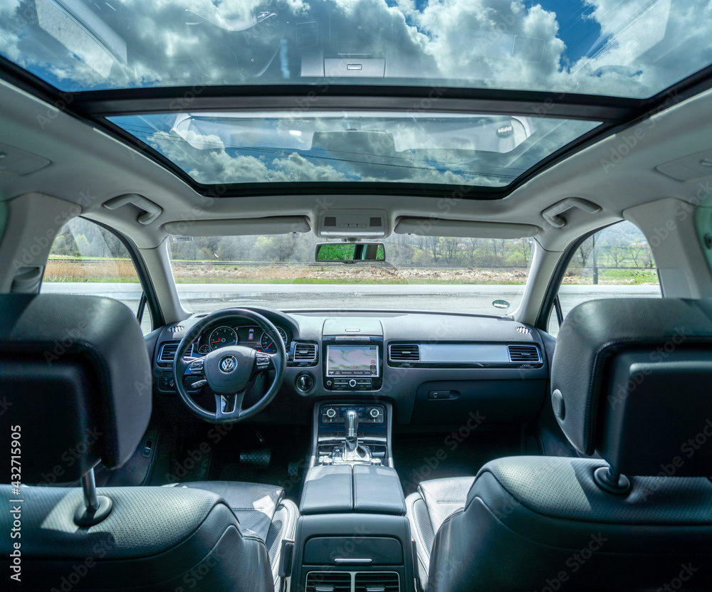 Panoramic view inside car double sunroof hatch with tinted glass