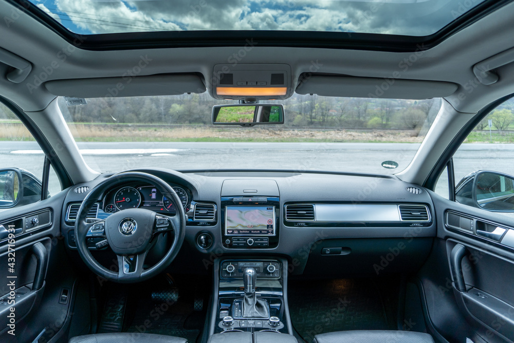 Panoramic view inside car double sunroof hatch with tinted glass