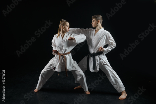Female karate fighter on training with master