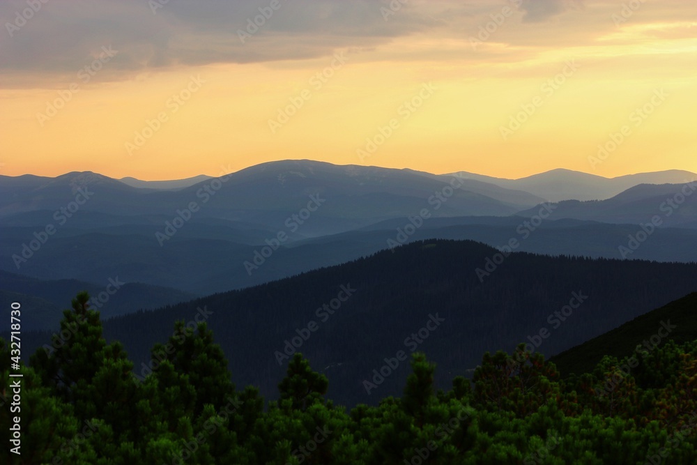 moutains view, picturesque evening meadow on slope of mountain on background of valley and wonderful sunset dramatic sky, scenic nature scene, Great smky mountains national park