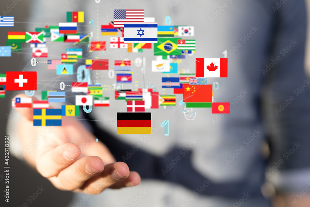 Global communication and international messaging concept, national flags of world Global communication and international messaging concept, national flags of world