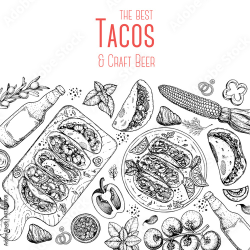 Tacos cooking and ingredients for tacos, sketch illustration. Mexican cuisine frame. Fast food menu design elements. Tacos hand drawn frame. Mexican food