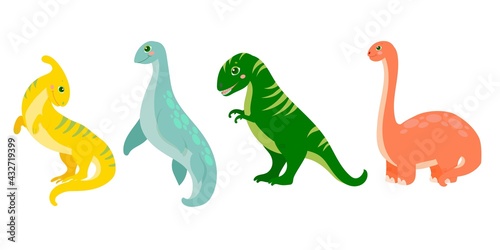 Fototapeta Naklejka Na Ścianę i Meble -  Set of cute dinosaurs in cartoon style. Bright childish drawing with animals. Vector illustration isolated on white background.