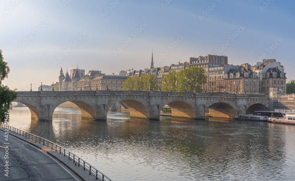Paris, France - 05 02 2021: Panoramic view of Le pont Neuf and Ile de la Cité from quai de Seine