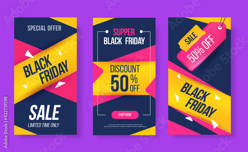 Special offer. 50 percent off. Set Template for Black friday. Mobile banner for history.