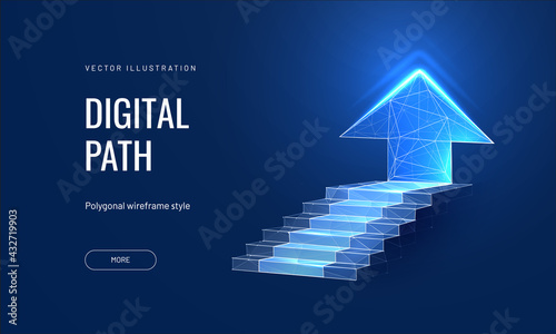 Digital path on a blue background. Business mission concept or goal achievement in a futuristic polygonal style. Digital path abstract vector illustration
