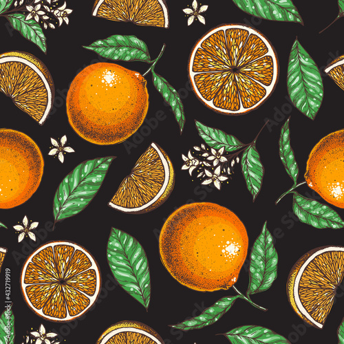 Orange seamless pattern. Fresh citrus background. Hand drawn vector illustration. Organic food, citrus design template. Colored illustration